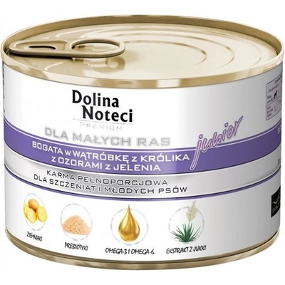 Dolina Noteci PREMIUM за кучета от малки породи JUNIOR, богато на заешки черен дроб и еленски езици, 12x185 г