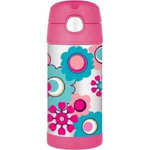 Thermos FUNtainer Термо бутилка със сламка, цветя, 355 мл, розова (120011)