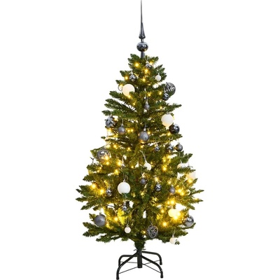 vidaXL Изкуствена коледна елха с шарнири, 150 LED и топки, 120 см (3210101)