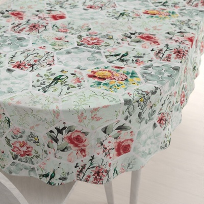 Biante bavlna oválny obrus Sandra SA-415 Kvety na mintovom hexagóne 140x220 cm