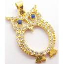 Klenoty Budín Zlatý přívěsek posetý zirkony a modrými safíry sovička HK3020