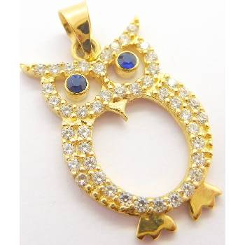 Klenoty Budín Zlatý přívěsek posetý zirkony a modrými safíry sovička HK3020