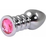 Fantasy by Cottelli Silver large ribbed butt plug with pink crystal