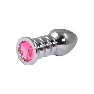 Fantasy by Cottelli Silver large ribbed butt plug with pink crystal