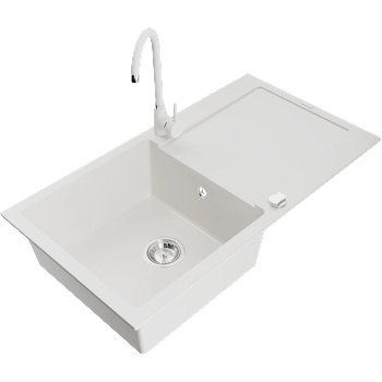 Mexen Leo гранитна мивка с 1 корито с отцедник и кухненски смесител Telma, бял - 6501-20-670200-20 (6501-20-670200-20)