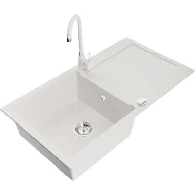 Mexen Leo гранитна мивка с 1 корито с отцедник и кухненски смесител Telma, бял - 6501-20-670200-20 (6501-20-670200-20)