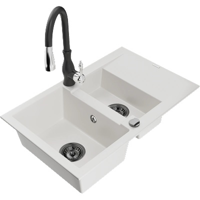 Mexen Gaspar гранитна мивка с 1, 5 камери с отцедник и кухненски смесител Savita, бял - 6507-20-672601-70 (6507-20-672601-70)