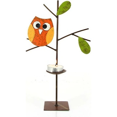 GLOBO Fair Trade Partner Kovový svícen Stromek s oranžovou sovičkou z Kolumbie, 26 cm