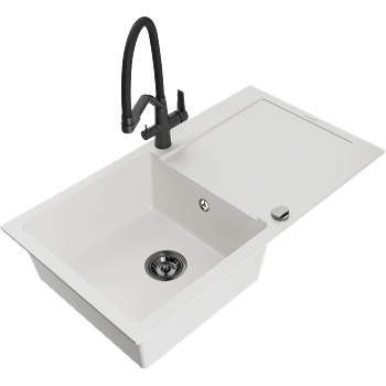 Mexen Leo гранитна кухненска мивка с 1 отделение и отцедник и кухненски смесител Duo, бял - 6501-20-671701-70-B (6501-20-671701-70-B)