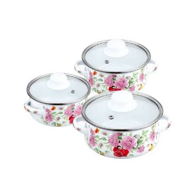 Комплект мини тенджерки peterhof ph 15865, 6 части, 0.5/0.75/1.25 литра, Индукция, Емайл, Бял с рози