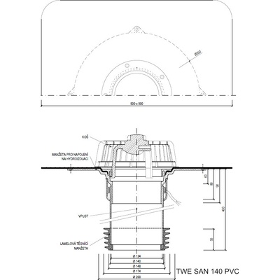 Sanačný vpust s ohrevom TWE SAN PVC Typ: 140 PVC (154-186mm)