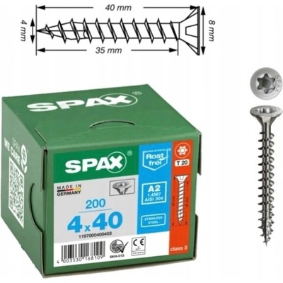 SPAX záp.hl.4x40 plný z.TX20 nerez A2 (200 ks)