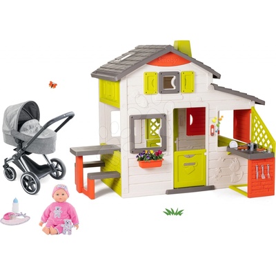 Smoby Set domček Priateľov s kuchynkou a kočík Cybex 3v1 trojkombinácia s Corolle bábikou s 20 zvukmi a 8 funkciami