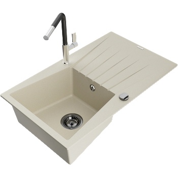 Mexen Cesar гранитна кухненска мивка с 1 корито с отцедник и кухненски смесител Flora, бежов - 6514-69-670401-07-B (6514-69-670401-07-B)