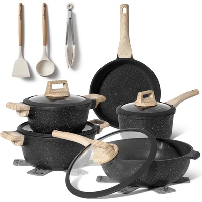 Just Perfecto Комплект тенджери и тигани Just Perfecto JL-889, 14 ч, Отливка, Мраморно покритие, Индукция, Аксесоари, Черен (JL-889 black)