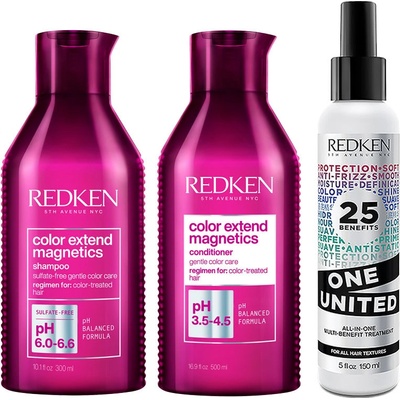 Redken Color Extend Magnetics ochranný šampón pre farbené vlasy 300 ml + ochranný kondicionér pre farbené vlasy 300 ml + multifunkčná starostlivosť o vlasy 150 ml