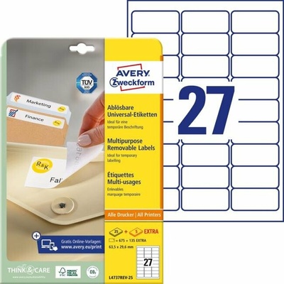 avery zweckform Etikety univerzálne odnímateľné 63,5x29,6mm Avery A4 25+5 hárkov