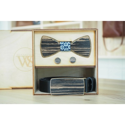 Wood Style Set Kulatý WS Modrotisk opasek motýlek a manžetové knoflíčky Hnědá Dub černý