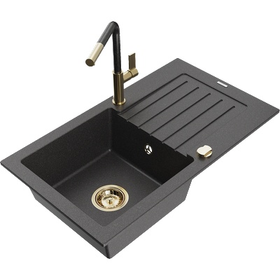 Mexen Pablo мивка от гранит с 1 отделение с отцедник и кухненски смесител Flora, черна на пръски - 6510-76-670401-75-G (6510-76-670401-75-G)