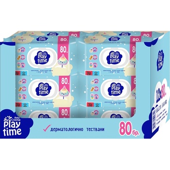 Baby Crema Влажни кърпички с капаче Baby Crema Play time - Cotton candy and Macarons, 12 х 80 броя, асортимент (12*2201)