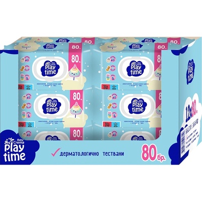 Baby Crema Влажни кърпички с капаче Baby Crema Play time - Cotton candy and Macarons, 12 х 80 броя, асортимент (12*2201)