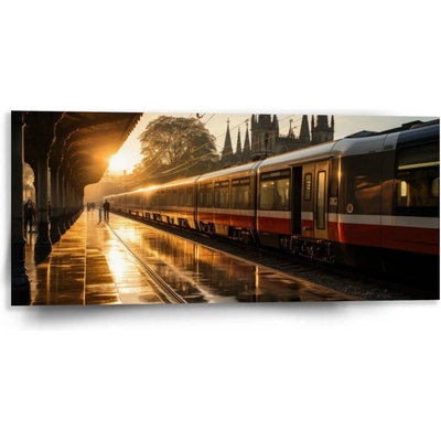 Sablio Obraz Vlak na stanici pri východe slnka - 110x50 cm