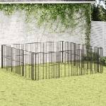 vidaXL Кошара за кучета с 12 панела, черна, поцинкована стомана (3209554)