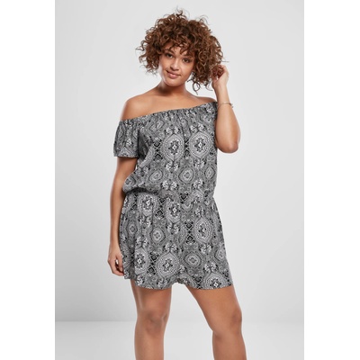 Urban Classics Дамски къс гащеризон на черно-бели мотиви Urban Classics Ladies AOP Off Shoulder Short UB-TB3433-01060 - Черен, размер 4XL