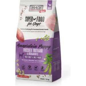 MAC's Monoprotein Puppy суха храна с пуешко, ленено семе и ананас и сладък картоф за капризни и податливи на алергии подрастващи кучета 12 кг