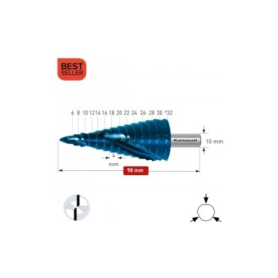 Karnasch Стъпално свредло Ø 6-32* mm (x 4 mm), HSS-XE Blue-Dur, 2x спирален канал, BESTSELLER (201449)