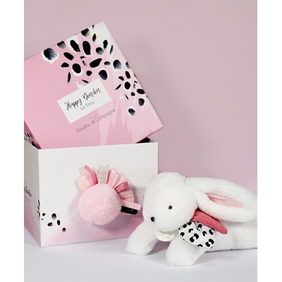 Doudou et Compagnie Paris Doudou darčeková sada plyšový zajačik s ružovým brmbolcom 25 cm