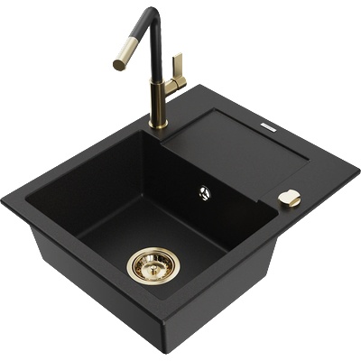Mexen Enzo гранитна кухненска мивка с 1 отделение с отцедник и кухненски смесител Flora, черен - 6506-77-670401-57-G (6506-77-670401-57-G)