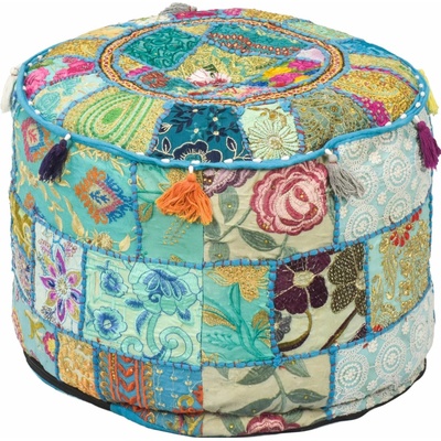 Sanu Babu Taburet z Rajasthanu s bohatou Ari výšivkou, průměr 49cm výška 36cm patchwork (DL)