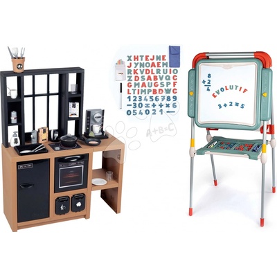 Smoby Set kuchynka moderná Loft Industrial a tabuľa na kreslenie polohovateľná s kriedou a magnetkami