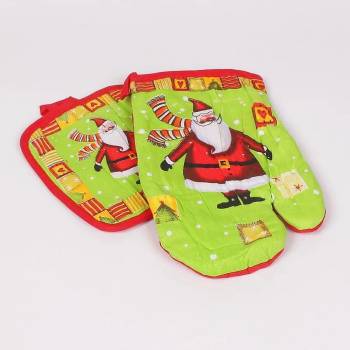 Image 1 of Ръкохватка и ръкавица в червено и зелено с Дядо Коледа