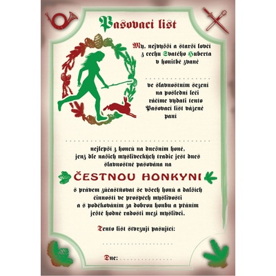 e‑myslivost.cz Pasovací list na čestnou honkyni - Motiv s personalizací