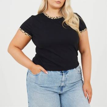Brave Soul BS Plus Size Short Sleeve T-shit with Leopard Print Neck and Sleeve Rib - Black/Leopard
