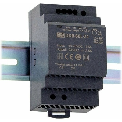 MEAN WELL DDR-60L-24 Měnič napětí, DC/DC, 60W, vstup 18–75V, výstup 24V, 2,5A, montáž na DIN lištu DDR-60L-24
