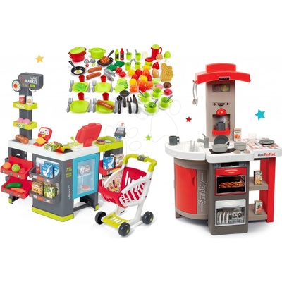 Smoby Set kuchyňka skládací elektronická Tefal Opencook červená s kávovarem a chladničkou a obchod Maxi Market elektronický a 100 potravin
