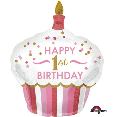 Amscan Fóliový balón supershape 1st Birthday Cupcake ružový 73x91cm