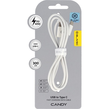 Blavec CCA-UC3W30 Candy Braided USB-A - USB-C PD 60W, 3m, bílý