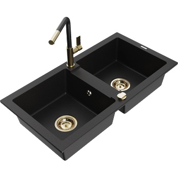 Mexen Mario двоен гранитен мивка с кухненски смесител Flora, черно - 6504-77-670401-57-G (6504-77-670401-57-G)