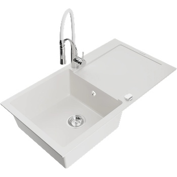 Mexen Leo гранитна мивка с 1 отделение с отцедник и кухненски смесител Aster, бял - 6501-20-73450-02 (6501-20-73450-02)