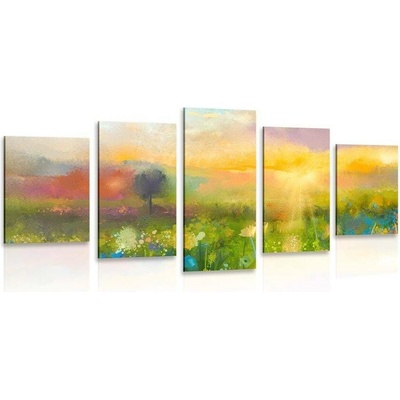 5-dílný obraz olejomalba lučních květů - 150x75