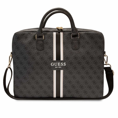GUESS PU 4G Printed Stripes Laptop Bag 16 - луксозна дизайнерска чанта с дръжки и презрамка за преносими компютри до 16 инча (черен)