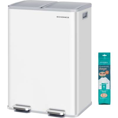 SONGMICS kitchen trash can, 2 x 30 liters, 2 compartments, trash can, pedal trash can, kitchen trash can with soft close lid and inner bucket, steel, including 15 trash bags, matt white LTB741W02