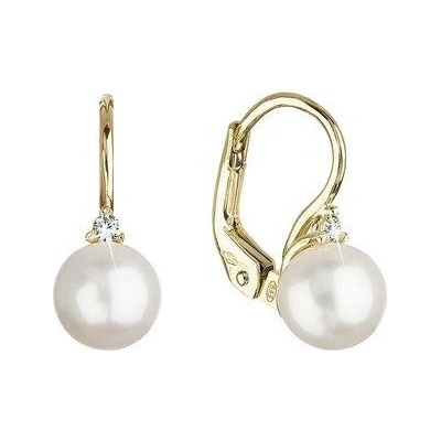 Evolution Group zlaté 14 karátové náušnice žlté zlato s bielou riečnou perlou a zirkónom 91P00023