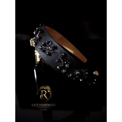 Radi handmade Черна диадема с бродирани листа и кристали (414)