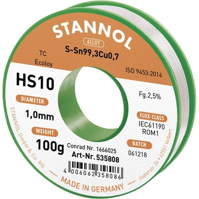 Stannol HS10 2,5% 1,0MM SN99,3CU0,7 CD 100G bezolovnatý pájecí cín bez olova, cívka Sn99,3Cu0,7 ROM1 100 g 1 mm