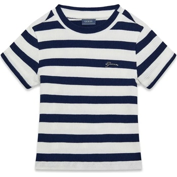 GUESS Раирана тениска рипс за мини момиче в бяло и тъмно синьо Guess